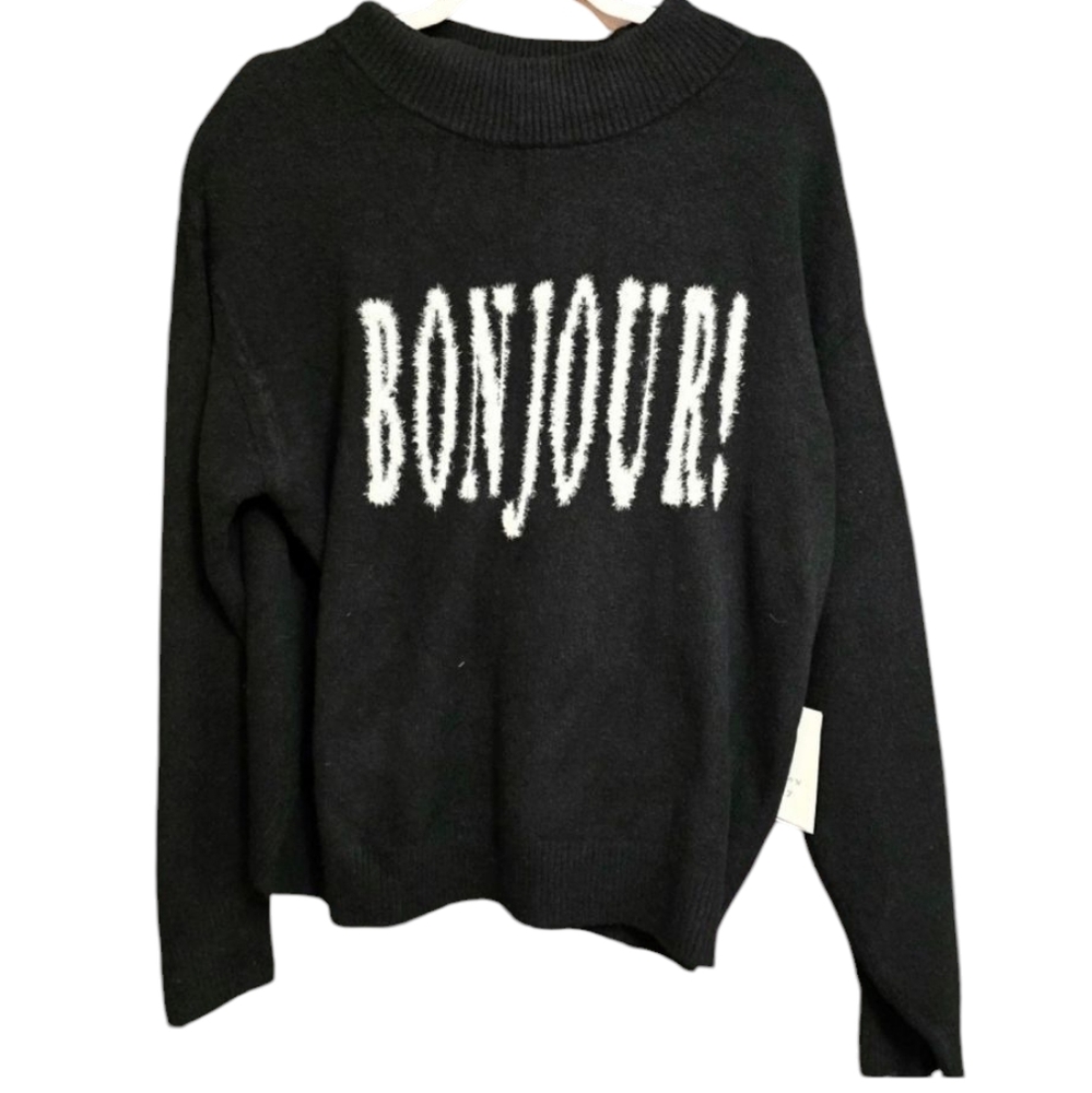 New Black Sweater with 'Bonjour!' Design A New Day Womens Size XXL
